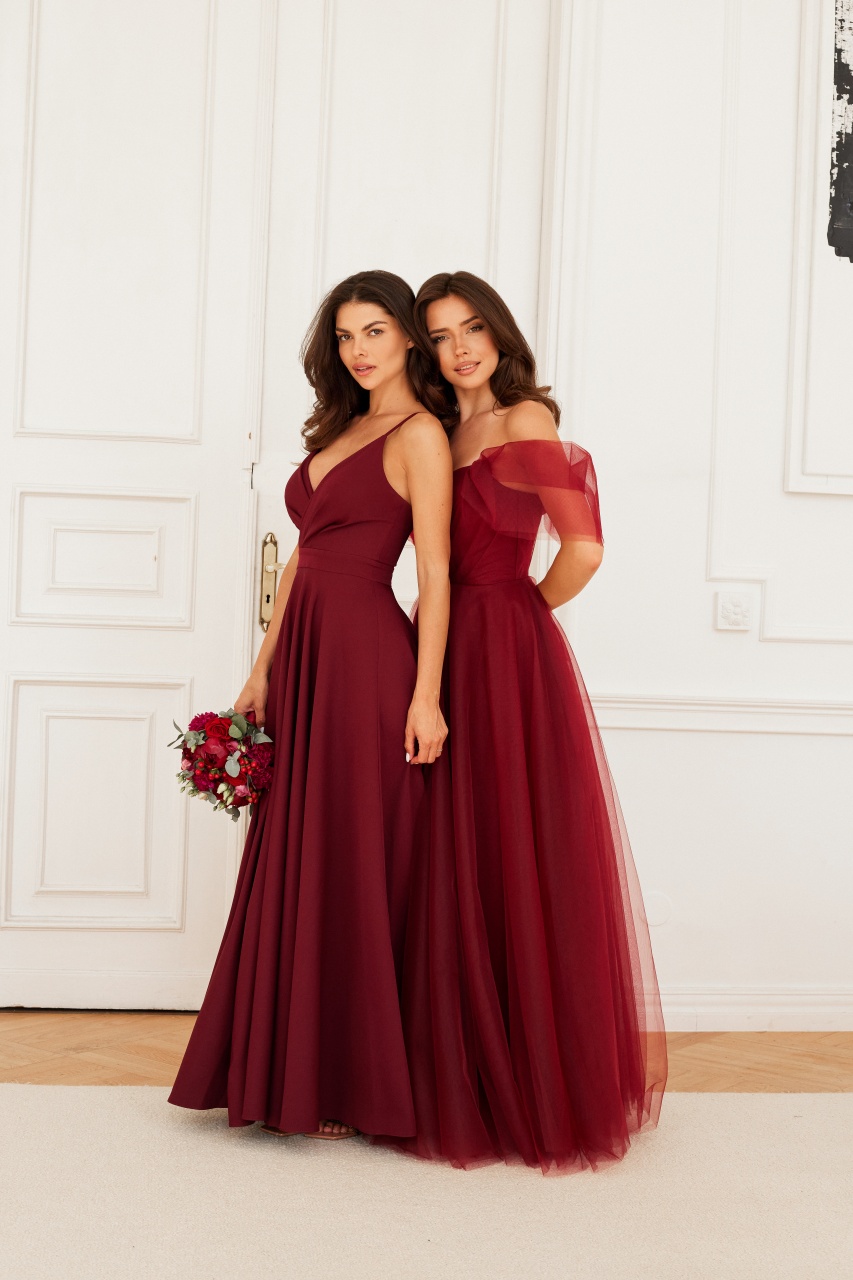 ROSE maxi - bordowa, tiulowa sukienka z opadającymi rękawkami - Cocktail Shock zdjęcie 1