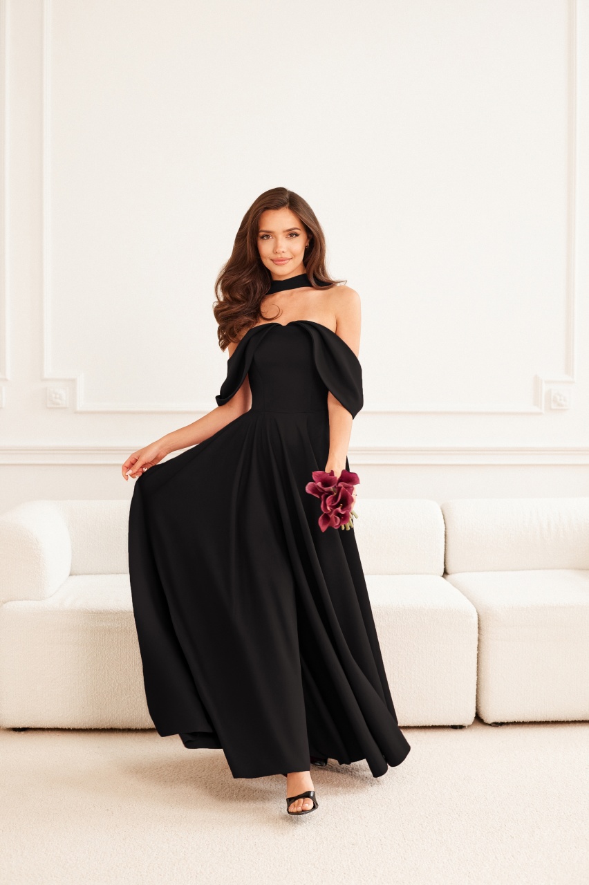 MARTHA - efektowna sukienka midi z szalem w kolorze czarnym - Cocktail Shock zdjęcie 1