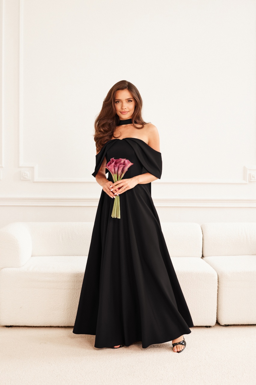 MARTHA - efektowna sukienka midi z szalem w kolorze czarnym - Cocktail Shock zdjęcie 2