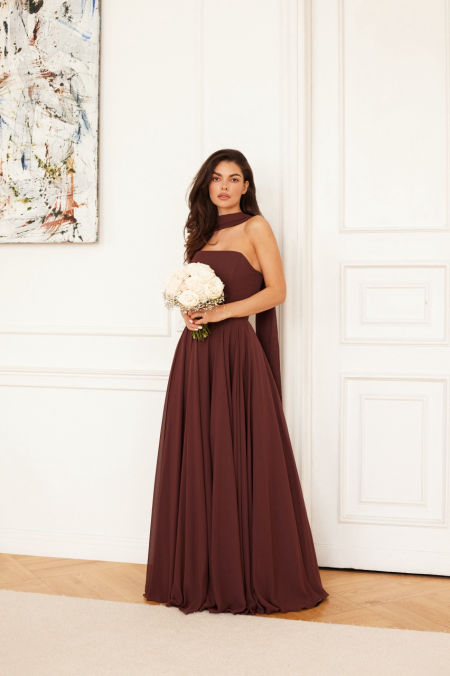 szeroki SZAL - szyfonowy szal, idealny dodatek do sukienki w kolorze czekolady