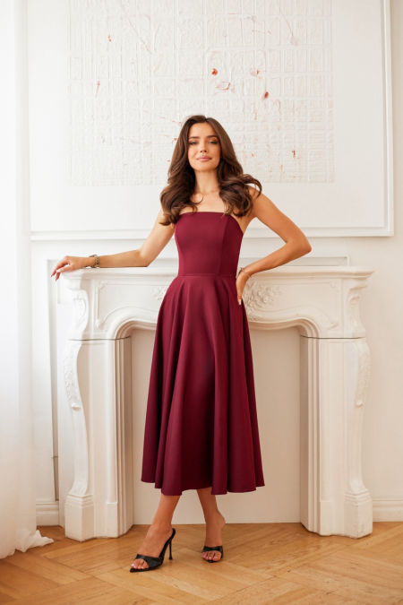 MEGAN - klasyczna sukienka midi w kolorze bordowym