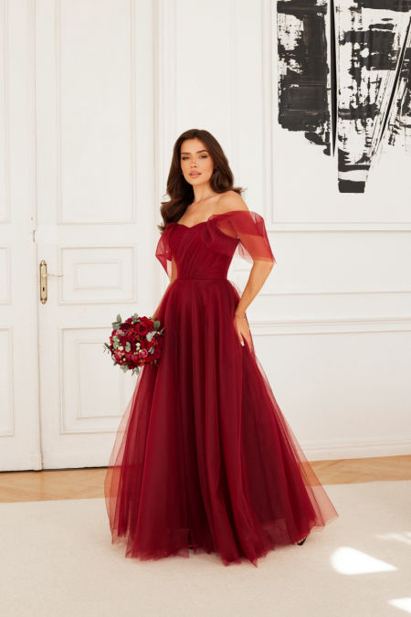 ROSE maxi - bordowa, tiulowa sukienka z opadającymi rękawkami