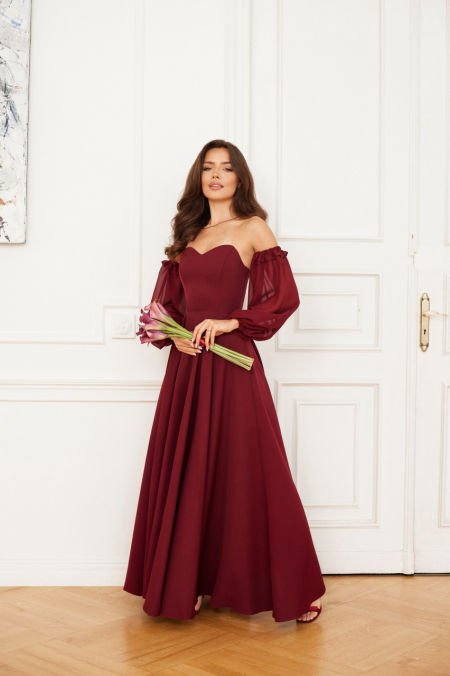 PENELOPE - bordowa sukienka z romantycznymi rękawami