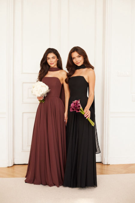 JULIETTE - efektowna, czekoladowa, szyfonowa sukienka  z podwójnego koła maxi z szalem