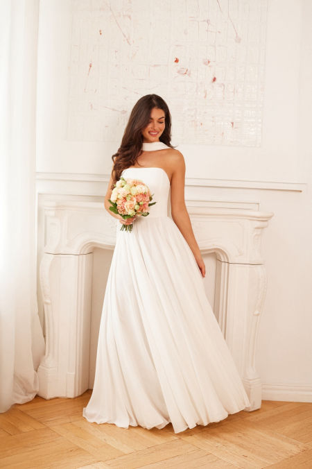 JULIETTE -  szyfonowa suknia ślubna ecru z podwójnego koła, z szalem