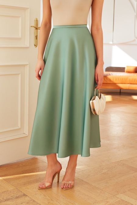 Florence - szałwiowa spódnica rozkloszowana satynowa