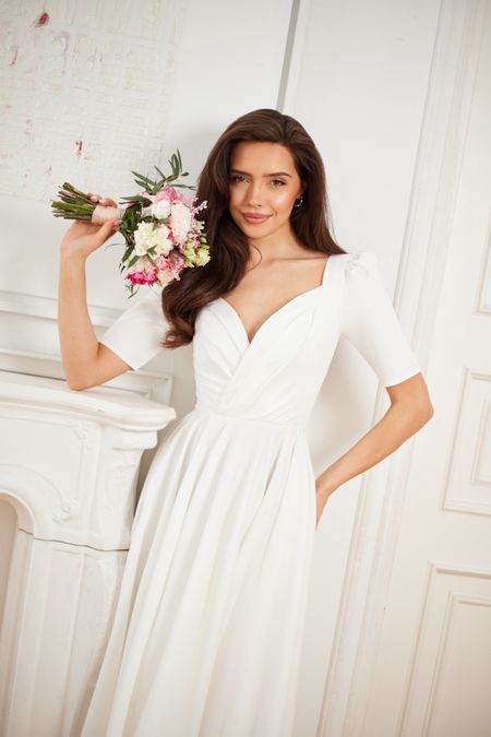 ALEKSANDRA - drapowana sukienka z podwójnego koła w kolorze ecru