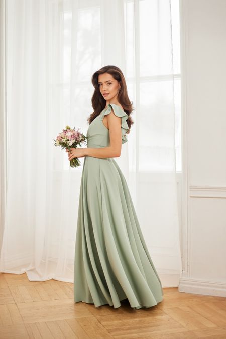 ROZALIA  - długa suknia na regulowanych ramiączkach z rozporkiem i falbanką