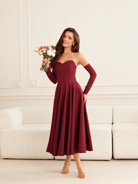 COMELY midi - elegancka sukienka midi z rękawiczkami bordowa