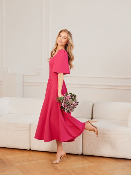 MADELINE - amarantowa sukienka midi z delikatnym rękawkiem