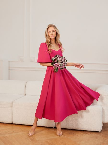 MADELINE - amarantowa sukienka midi z delikatnym rękawkiem